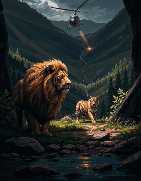 The wild is fading, its last guardians standing against the encroaching tide of steel and smoke. A lion and a tigress remain, their presence both powerful and vulnerable in a world that no longer belongs to them.  

The lion, a sovereign of the untamed, carries the weight of his lineage in every movement. His golden mane, thick and radiant, catches the dying light, its strands rippling with a defiant glow. His amber eyes burn with something ancient—an unshaken spirit that refuses to bow, even as the thunderous roar of an approaching machine splits the air.  

The tigress, sleek and battle-worn, watches with sharp intensity. Her striped coat, once a perfect camouflage, now stands stark against the decaying remains of nature. Muscles coiled, ears attuned to the mechanical heartbeat of the world beyond, she senses what the lion already knows—there are fewer places left to run.  

Above, the rhythmic pulse of a helicopter shatters the silence, its relentless blades slicing through the poisoned sky. A spotlight glares through the thick haze, an unfeeling gaze scanning the last remnants of the wild. It does not see them as kings, as hunters, as legends. It sees only subjects to be recorded, data to be stored, an anomaly in a world now ruled by progress.  

Beyond, the land bears the scars of invasion. The river, once a pure and glistening artery of life, is now tainted with the sheen of industry. Its slow-moving waters carry the weight of chemical decay, reflecting not the stars, but the artificial glow of distant floodlights. The air, once filled with the whispers of trees and the scent of rain, now carries the acrid taste of smoke and iron. The jungle, shrinking with every passing day, stands in silent protest against a future it cannot stop.  

Yet the lion and the tigress remain. They do not flee. They do not yield. They are the last echoes of something greater—warriors of a kingdom erased by hands that will never understand what they have taken.  

And for this moment, they still exist. Not conquered. Not forgotten. Not yet.  

cinna flow, Simon Stalenhag Style
