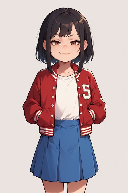 score_9,score_8_up,score_7_up,score_6_up,score_5_up,score_4_up,
 <lora:Lunas-Sparrow-SDXL-A1:1>
1girl, solo, young, child, red letterman jacket, white shirt, blue skirt, brown eyes, black hair, smug,