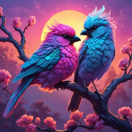 breathtaking  . award-winning, professional, highly detailed, sunset  animal   (Vibrant neon colors)    , animal  (Artistic style)  (Whimsically artistic) perched on ar branch, ethereal bird with feathers of iridescent hues,  pastel tones pinks, mauves, and soft blues, 
Fantasy style, fantasy dreamlike art, vivid color, 3d animation,