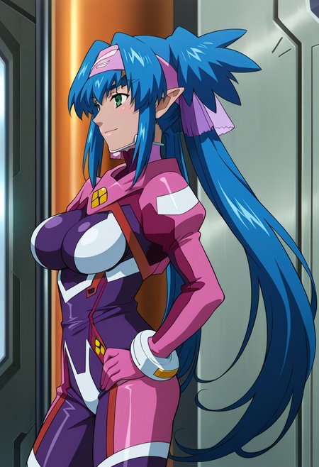 hangar, sci-fi,
BREAK,
hands on hips, from side, light smile,
cowboy shot, dynamic angle, 
BREAK,
<lora:_illustriousXL_v01:1>
klan klein, klanzen, pointy ears, dark skinned female, blue hair, green eyes, pink bandana, twintails, very long hair, hair ornament, 
bodysuit, long sleeves, pilot suit,
long legs,, source_anime, very aesthetic, anime coloring, masterpiece, 
best quality, amazing quality, ultra detailed, very aesthetic, 
detailed background, 
BREAK,