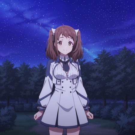 nsfw, masterpiece, best quality, amazing quality,1girl, solo, the_misfit_of_demon_king_academy_misa_ilioroagu, standing, smile, brown hair, twintails, brown eyes, school uniform, dress, outdoors, blue eyes, starry sky, night sky, looking at viewer, <lora:Misa_Ilioroagu_-_The_Misfit_of_Demon_King_Academy:0.7>
