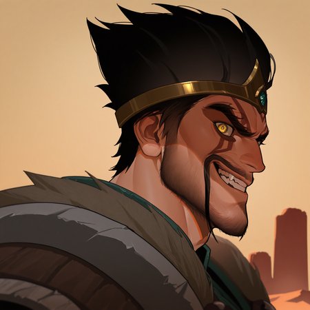 masterpiece, best quality, absurdres, newest, perfect quality, best quality, absolutely eye-catching, detailed background, intricate details, d1zd00dz, draven_LoL, bara, male, 1boy, solo, black hair, dark yellow eyes, facial hair, moustache, crown, smirk, upper body, armor, looking at viewer, shadowed face, desert plains background, side view, 