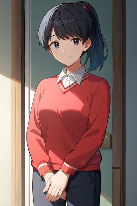 score_9, score_8_up, score_7_up, source_anime, rating_safe, intricate details, official style, 1girl, solo, <lora:Shibuya_Aoi:1>, shibuyaaoi, black hair, black eyes, ponytail, collared shirt, red sweater, long sleeves, medium breasts, looking at viewer, indoor, cowboy shot, sad expression, smile, own hands together