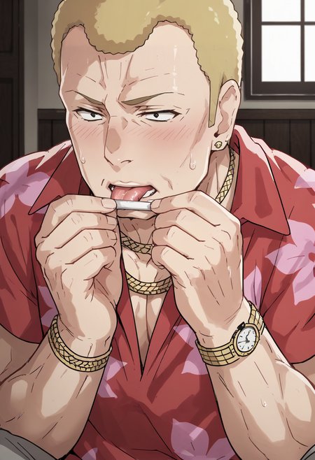 score_9, score_8_up, score_7_up, source_anime, houjouteppei, 1boy, solo, male focus, mature male, muscular male, (l1ckp4p3r:1.4), licking, joint, doobie, blush, sweatdrop, indoors, blonde hair, short hair, black eyes, red and pink hawaiian shirt, wristwatch, necklace, grey pants, cleft chin, extremely detailed, 8k, best quality, amazing quality, best aesthetic, absurdres, <lora:l1ckp4p3rXLP:0.7> <lora:teppei_pony-2:1.5>