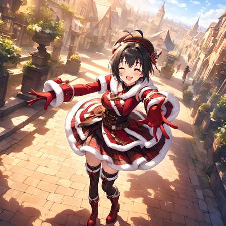 (masterpiece),(best quality),(ultra-detailed),(best illustration),(best shadow),(absurdres),(detailed background),(very aesthetic),  miho kohinata, 1girl, solo, one eye closed, black hair, gloves, short hair, ahoge, boots, hat, thighhighs, skirt, smile, fur trim, open mouth, red gloves <lora:Miho_Kohinata:1>
