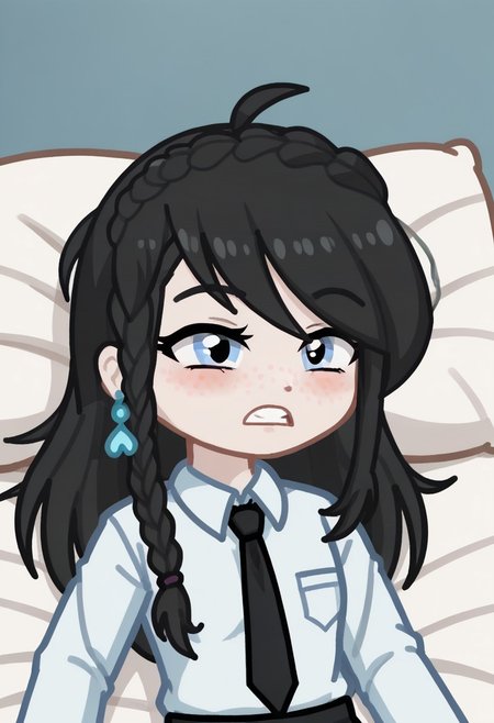 score_9, score_8_up, score_7_up, score_6_up, Neon light, lying in bed, GELUGDD, GELUGDDGacha, GELUGDD, GELUGDDGacha, Gacha, girl, black hair, long hair, braid, blue eyes, blue earrings, black tie,grimacing expression