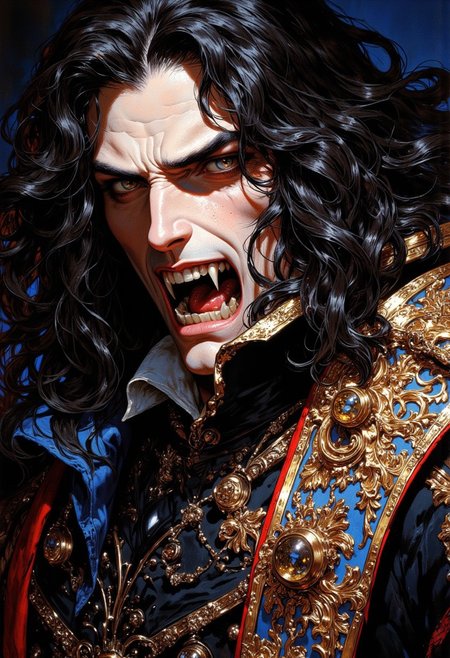 weibo, drawing, illustration retro 90's, Yoshitaka Amano, Ayami Kojima, chromatic aberration, detail, high contrast, cinematic view, volumetric lighting, perspective, (((close_up_face))), vampire_hunter, gothic_fantasy, long_black_hair, stoic_expression,dark_mysterious_aesthetic, opulent,dark_twilight,dramatic_lighting,high_contrast, eerie_atmosphere,fantasy_art,intense_gaze,dark_romantic, gritty_texture, melancholic_mood, thick_linework, surreal,cinematic, intense_detail,photorealistic,(sharp focus:1.3). A stylized character with a striking appearance. A Close-up focus is on he face of a character a tall, mysterious a vampire hunter open mouth with sharp, menacing fangs. with pale skin and a stoic expression. He has long, wavy black hair that cascades over his shoulders. The scene captures the intense expression as they are about to bite woman, showing their pale skin contrasted with the dark, wavy hair of their intended victim. Dramatic play of shadows and highlights, that emphasize a gothic horror atmosphere. The interier centered in an opulent and gothic-inspired room, adding a sense of foreboding and otherworldly beauty, echoing the elegance and decadence of the scene. The scene has a dramatic, high-contrast color palette, with deep shadows and highlights accentuating the hunter's stoic demeanor. The image is highly detailed, with a focus on the textures of his suit, the sharpness and the way his interacts with the woman.
DB4RZ, DB4RZ style painting