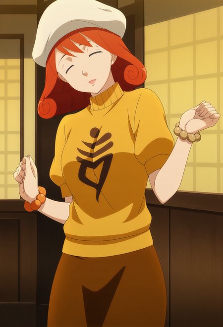 anime screencap,anime coloring,detailed face,masterpiece,best quality,very aesthetic,absurdres,volumetric lighting,official style,amazing quality,ultra detailed,highres,amazing quality,scenery,beautiful detailed hair,beautiful detailed eyes,<lora:Hanaka Mimi-IL V1:1>,Hanaka Mimi,1girl,hat,solo,bracelet,jewelry,red hair,skirt,white headwear,shirt,closed eyes,