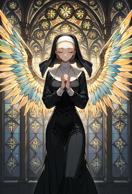 solo,1girl, stained glass wings,nun,
