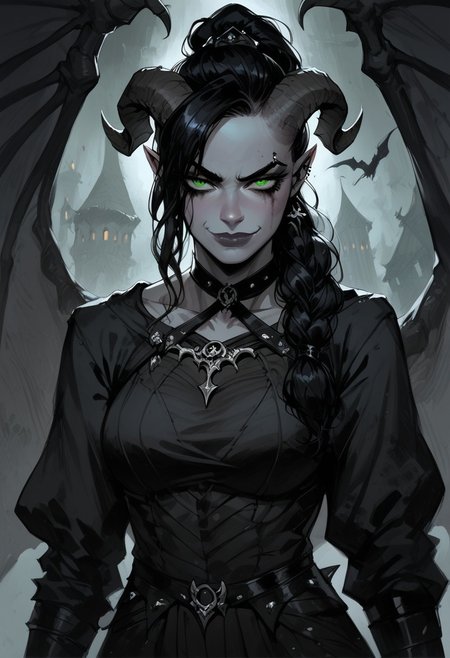 score_9, score_8_up, score_7_up, BREAK, 1woman portrait, beautiful, dramatic lights ((Succubus, Demon Girl, Succub, horns, seductive, seductive look, goth, goth girl, goth makeup, muscular, athletic, muscular woman, athletic woman, green eyes, wings, bat wings grey skin, grey colored skin, black hair, long braided ponytail, bangs, side bangs, happy, smug))
<lora:Fant5yP0ny:0.6> <lora:fantasy_world_pony:0.9>
<lora:Cherry-Gig:0.55>