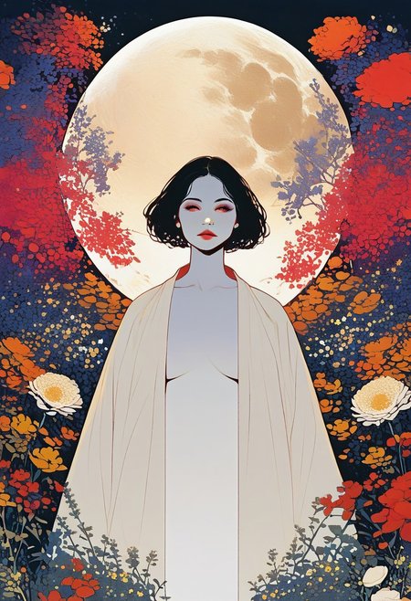 zPDXL3, 1woman, robe, moon, flowers, white skin, highly detailed,   high resolution, best quality, sharp quality,  clear quality, High-definition, smooth image, bright colors, vibrant colors, colorful, clean lines,