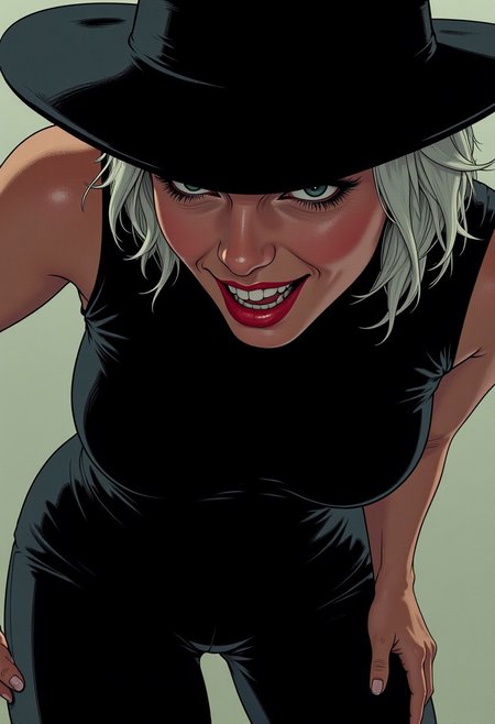 illustration, cartoon, anime, manga, drawing, score_4_up, score_9, score_8_up, score_7_up, score_6_up, 7_up, score_6_up, 
Closeup of a dark villainess wearing a fedora with a shadow that covers part of her face, she is wearing a latex bodysuit that accentuates her figure. She is bending over slightly, her body tilted towards the viewer seductively. She has white hair and is wearing bright red lipstick. She has an alluring smile that makes her look conniving.