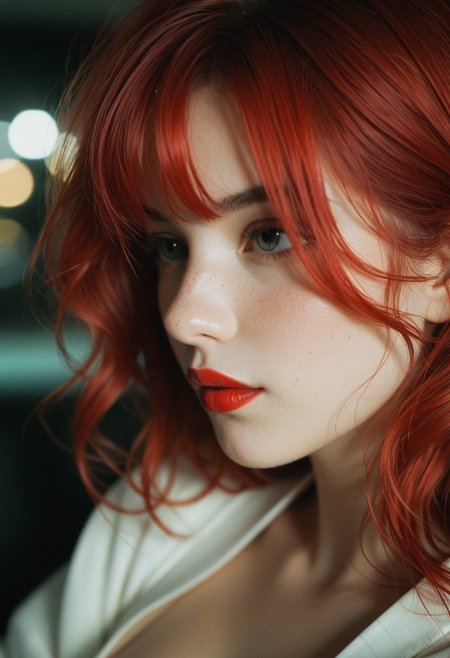 close up shot, 19yo woman, lipstick, hair waist-length red hair, bangs covering the left side of her face with a wavy mid-back length red hair strand resting on her left shoulder and her eyes are brown, kimono. shallow depth of field, vignette, highly detailed, high budget, bokeh, cinemascope, moody, epic, gorgeous, film grain, grainy，　