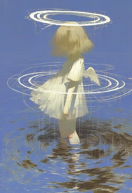 1girl, solo, halo, short sleeves, water, ripples, short hair, dress, standing, wading, blonde hair, white dress, shirt, reflection <lora:748cmXL_NB11_lokr_V6311P:0.95>