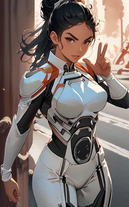 ((masterpiece, best quality)),  solo, looking at viewer, amazon_woman whit black hair wearing spacesuit, long hair, "Biting lip", "Twisted updo hairstyle" hair, "Shushing with finger to lips" pose , skin tight,  depth of field, light particles,
 <lora:GoodHands-beta2:1>,
<lora:BrazilianWomanAmazon_V1.0:1>,
<lora:muscle_slider_v1:2>,
<lora:weight_slider_v2:-1>,
<lora:hair_length_slider_v1:1>,
 <lora:spacesuitV1.0:0.7>,
 <lora:wuxia2:0.6>,
 <lora:Background_Detail_v3:1>,
<lora:IvoryGoldAIv2:0.7>