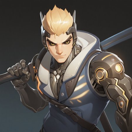 <lora:GENJI_GENOS:1>genji_genos, solo, looking at viewer, short hair, blonde hair, 1boy, jacket, upper body, yellow eyes, male focus, weapon, sword, holding weapon, vest, sheath, colored sclera, serious, sheathed, black sclera, mechanical arms, over shoulder, cyborg, weapon on back, weapon over shoulder, armor, tilted angle, motion blur, film grain, abstract, natural lighting, fantasy, cinematic, dynamic view, tilted angle,, very awa, masterpiece, best quality, absurdres, newest, perfect quality, detailed background, intricate details,  (artist:fl \(l-fl\):0.7), (artist:tooboshoo:0.7), (artist:dizdoodz:0.8)