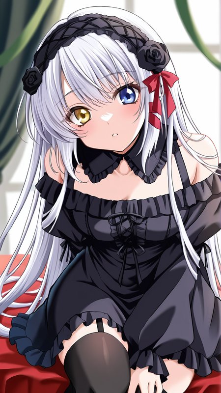 parametersparametersparametersamazing quality,absurdres,best quality,masterpiece,highres,newest,detailed,detailed body,detailed face,masterpiece,best quality,solo,
kurobara,thighhighs,yellow eyes,heterochromia,fashion,yellow eyes,black flower,black rose,flower,long hair,ribbon,gothic,hairband,white hair,blue eyes,rose,frills,hair ribbon,<lora:kurobara:0.8>,looking at viewer,