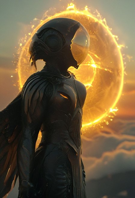Above the Clouds Loosing feathers, floating feathers, subsurface scattering, Capture the dystopian spectacle of female Icarus ascending too close to the sun, seen from below. Witness her wings, illuminated by the piercing sunlight, shedding feathers as they struggle against the inevitable descent. 
subsurface scattering, Angel Icarus LiS_Robot By tim burton with Large vanta black spreaded  Wings, large hooded Cape, liminal space cloud, Neon translucent Soundwaves visible on the face, very detailed golden holy glow Spell rings,
atmospheric haze, Film grain, cinematic film still, shallow depth of field, highly detailed, high budget, cinemascope, moody, epic, OverallDetail, 2000s vintage RAW photo, photorealistic, candid camera, color graded cinematic, atmospheric lighting, imperfections, natural, shallow dof