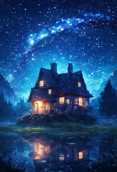 beautiful house in the night sky, stars, anime style, dreamy, fantasy. The painting depicts a beautiful house under the night sky filled with stars in the style of anime. The scene seems dreamy and fantastical