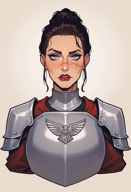 score_9, score_8_up, score_7_up, score_6_up, score_5_up, score_4_up, eye contact, looking at viewer, source_anime, naughty traditional art, lineart, DC, woman, rating_questionable, zPDXL, medieval office, knight lady,  upper body portrait, scar over left eye, updo braid, knight armor, cuirass, gorget, pauldrons, breastplate, warhammer40kcommissar