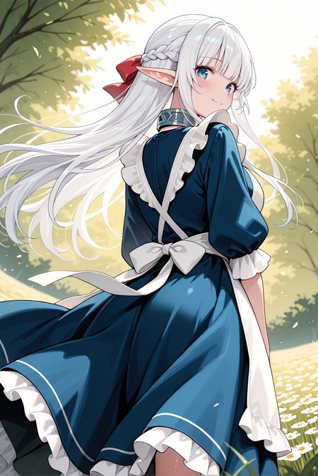 masterpiece, best quality, very aesthetic, absurdres, ultra-detailed, highly detailed, cowboy shot, shiny skin, wind lift, from below, blush, (long dress:1.2),  from behind, looking back, 
meadow, wind, outdoors, smile, looking at viewer, standing,
<lora:Nephelia-08:1> nephelia, 1girl, long hair, white hair, braid, pointy ears, french braid, elf, blue eyes, ribbon, apron, sidelocks, dress, bow, hair ribbon, maid, hair bow, frills, blunt bangs, blue dress, white apron, collar, red bow, metal collar,
<lora:illustrious_noobai_epsilon_pred_11_very_aesthetic_v1_1029791:1>
(lazypos:0.7)