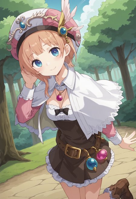 score_9, score_8_up, score_7_up, score_6_up, score_5_up, score_4_up , anime coloring ,BREAK source_anime, anime,screencap,
1girl, solo, a11, breasts, long sleeves, white cape, belt accessory, pink necklace, pink headwear, belt, brown footwear, brown dress,  <lora:PonyXL RoronaF V1:0.9>
Outdoors, forest, detailed background, 
smile, looking at viewer,