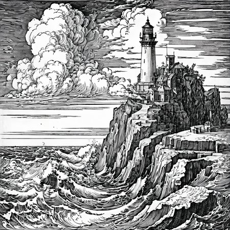 durer, engraving, monochrome, lighthouse on a high cliff, rough sea, puffy clouds, <lora:DURER-01:1>