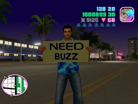 <lora:gta-vice-city:1> _GTA_VC_, Tommy Vercetti, in his iconic blue Hawaiian shirt and jeans, is looking at the viewer and holding a sign that reads:("NEED BUZZ"). The HUD is fully visible in the corners of the screen, with the hand icon shown in the slot on the right. Tommy's health bar is partially depleted, showing a red bar near the bottom left, while the radar map in the bottom left corner highlights nearby streets and objectives. The palm trees and neon-lit buildings of Vice City stand in the background under a darkening sky.