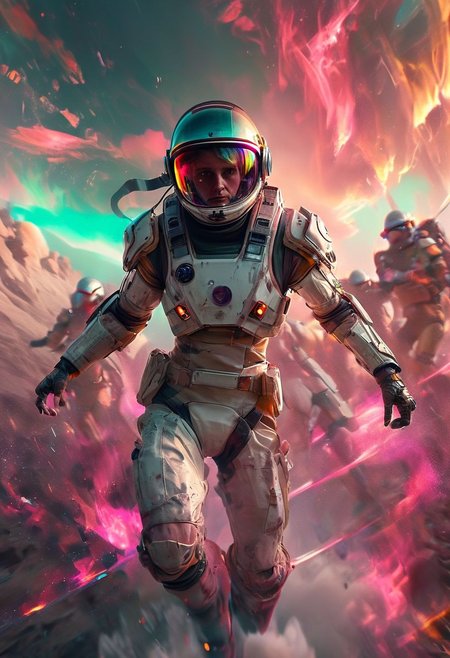 (Glitch, real life, woman next to a river in space, space helmet with clear visor, future war, spaceship in the background sky, crowd in the background, beautiful sunset afterglow environment, jarring optical effect, layered effects, dark shadows, hazy, grainy:1.2), (floating above pov, a woman looking shocked, caped crusader, muted pastel natural colors, HDR, 5mm:1.2), (art by (Marcel Marlier:1.1) and (John Sibbick:1.2)), Explosion Artstyle