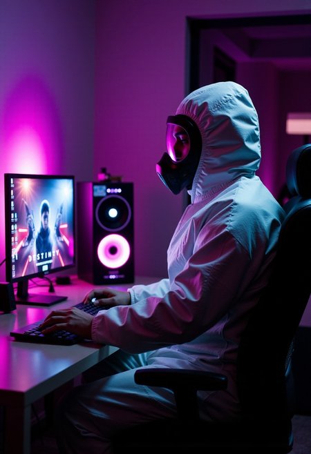 high-contrast palette, highly detailed, cinematic quality, modern art photograph, high-contrast palette, timeless feeling, cinematic quality, modern art photograph || a man sitting at a computer desk. The computer glows with RGB lights. Gaming computer rig. The man is wearing a hazmat suit. He is playing Destiny on his PC. He is wearing a hazmat suit to protect himself from the toxicity.  || sinfully stylish, dramatic light, soft light, long shadows