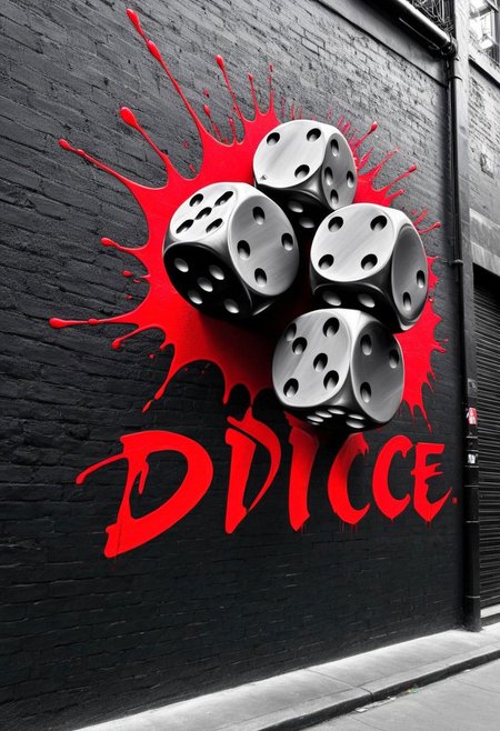 city wall, spray painted on the wall is the word "DICE", (Black and white image, Red Accent)