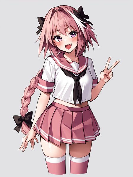 score_9, score_8_up, score_7_up, score_6_up, score_5_up, score_4_up, rating_safe
BREAK
astolfo \(fate\), otoko no ko, pink hair, braid,
BREAK
solo, standing, pink serafuku, white shirt, pink thighhighs, pink skirt, peace sign,
BREAK
white background, <lora:Lunas-Ebifurya-SDXL-A1:1>