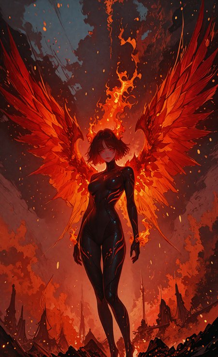1girl, solo, breasts, looking at viewer, short hair, red eyes, standing, full body, wings, sky, bodysuit, fire, red wings, embers, fiery wings