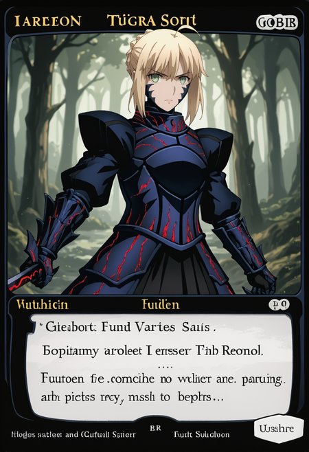 c4rd,english text,character name,
portrait, looking at viewer,  serious, forest, from side, holding weapon, sword,
SaberFS, blonde hair, green eyes, short hair, french braid, ahoge, SaberAlter, dark persona, corruption, armor, black dress, gauntlets, juliet sleeves, faulds, 
,score_9,score_8_up,score_7_up, source_anime,
 <lora:MTG_card_v2:1> <lora:FateStayNightUBW_SaberXL:1>