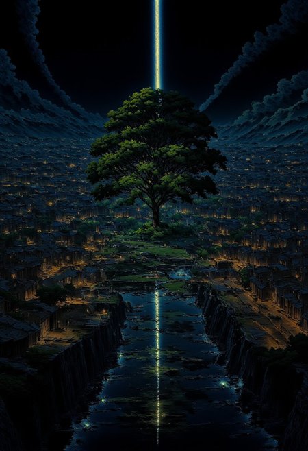 AnimeSky style, anime style, high lighting, Minimalist style city, with an octagon shape and canals that connect in the center of the city, the central focus is a large tree with luminescent leaves and is surrounded by water, which connects to the canals and connects with eight bridges between the canals to the city, it will have some large squares and houses, the sky would be at night where you can see a large galaxy accompanied by some planets.
high quality, best quality, masterpiece, high definition, high resolution