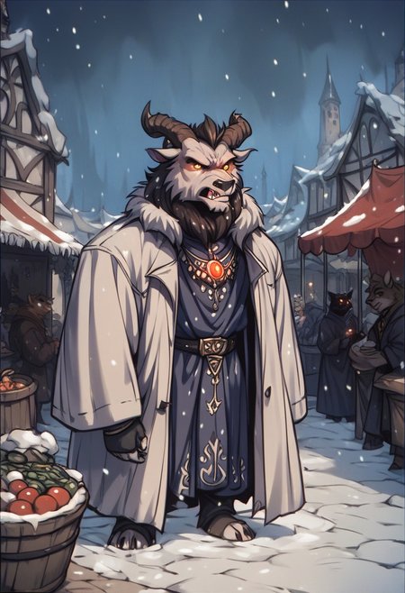 score_9, score_8_up, score_7_up, perfecteyes, anthro bear,  square,  market, glowing,  male 30-40 years old,winter,long coat, brutality, jewellery, snowfall, drifts,fantasy,Vintage,1990s \(style\)