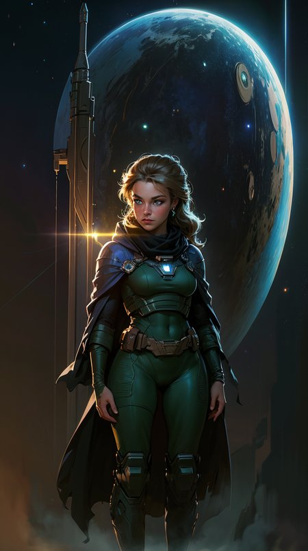 nightvision goggles, USA, green, graceful, no goggles, female, thick thighs, cute, dark themed, 80s anime, vintage, retro, leaning forward, portrait, full body, blowing hair, shawl, cape, backpack, chest strap, earring, dark city background, looking away, middriff, (masterpiece:1.5), (high quality:1.4), subsurface scattering, (intricate, high detail:1.2), blue eyes, military gear, military wizard, epic, nukes, masterpiece, concept art by syd mead of a space woman, space ship, thick_hips, navel, outer space  <lora:concept_art_syd_mead:0.7> [(details:1.2): camel toe : [ (many ultrasmall details: 1.2):(very detailed ultrasmall edges and microrelief:1.5):0.7 ]: 0.4 ] :0.2] giant tits <lora:SaggyBreasts:0.2> shiny skin, pet robot