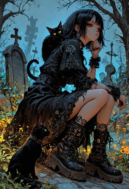 highres, very detailed, amazing quality, masterpiece,
very aesthetic, RBL-Illu,
particle effect, Cinematic, 
1girl, solo, witch, goth, bored face, goth dress, boots, 
looking at viewer, beautiful eyes, bored,
pet cat, black cat, relaxed pose,
graveyard,
full body shot,