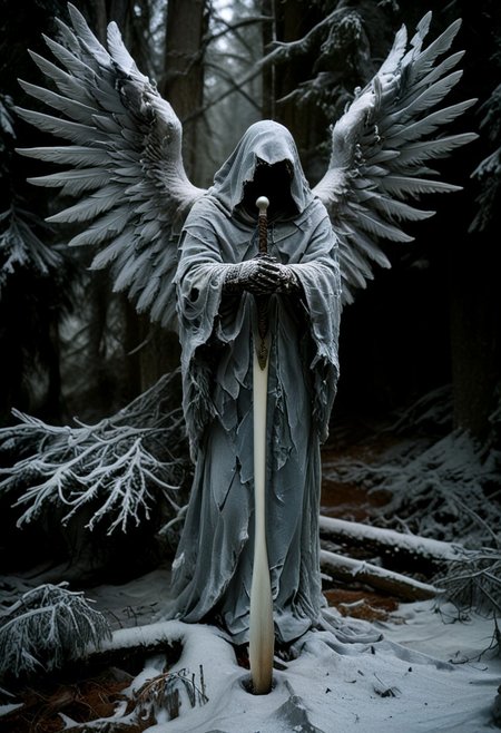 Silent death angel stands facing upcoming dark, sharp lines, extra arms, spreading his wings, detailed armor, extreamly detailed sword, detailed backgrounds, Winter forest, dense forest,starry sky, digital artwork by Beksinski, grainy, masterpiece, extremely detailed, lx, 32k, uhd, dark, low-key, in the style of Kelly Slate, vntblk, dark, digital artwork by Beksinski, ugly, terrible, detailxl, drkms, UHD, 8k, F2.8, RAW Photo, ultra detailed, sharp focus, clear (Style-EMCG:1.5), <lora:aidma-Image Upgrader-v0.1:1>