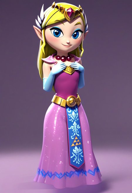 (score_9, score_8_up:1.1), score_7_up, 
subsurface scattering, 
purple theme background,glitter,sparkles,shiny,1girl, Live - action adaptation of a 3d character,  1girl, solo, 
BREAK,
curvy, 
zzToonZelda, smile, gloves, dress, elbow gloves, parody, tiara, 3d, 3d model, triforce, gold, bead necklace, gold necklace,
wide hips, curvy, 
BREAK, 
charming face, smile, closed mouth, blushing, looking at viewer,