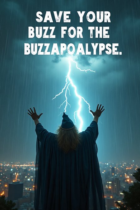 Panoramic view. The wizard shouts raising his hands to the sky. It's raining and lightning is flashing. The atmosphere is alarming. Large text "save your buzz for the Buzzapocalypse" written on top in large letters.