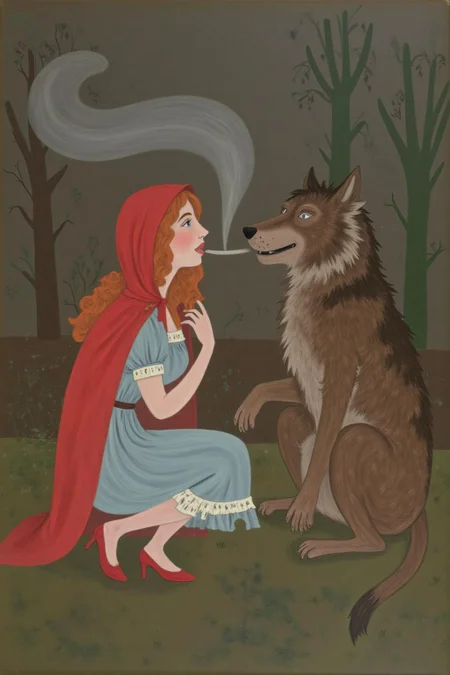 dorislee1 painting. 
A woman with red wavy hair, dressed as Little Red Ridding Hood, squatting on the ground and smoking with the Big Bad Wolf.   <lora:dorislee1_cap_d6a3:1.0><lora:834818432898908964:0>