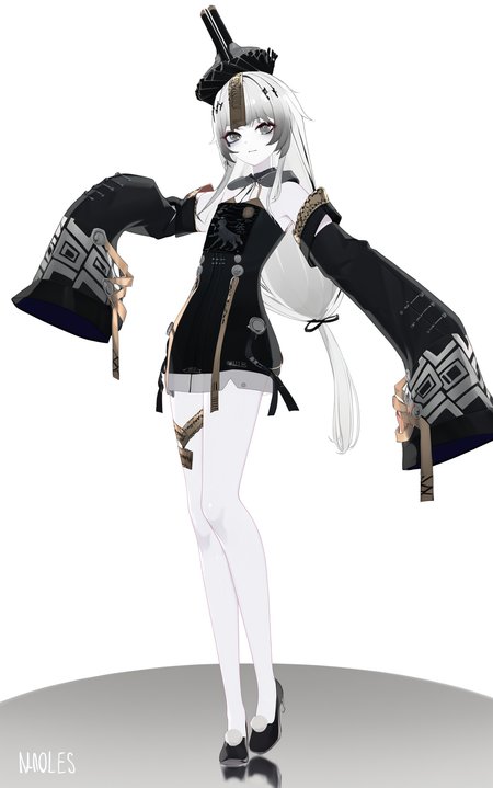 8k, best quality, masterpiece, (ultra-detailed), (high detailed skin), by nanoless, by misumi \(macaroni\), 
A full-body portrait of a young girl, standing gracefully, pastel art style, high-key lighting, shoujo manga influence, hd quality, delicate details, 
full body, full shot, standing, looking at viewer, (solo:1.2), simple background, white background, hand on own hip, 
<lora:21XXI-atw2-Tanger-000004:0.8>, 21XXI, 2nd clothes, strange hat, black chinese clothes, 1girl, solo, long hair, detached sleeves,   dress, black footwear, pale skin, white hair, sleeves past wrists