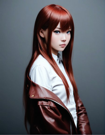 <lora:a31cosv2_last:2>,
cute japanese girl,
1girl, solo, long hair, shirt, makise kurisu,blue eyes, white shirt, upper body, jacket, off shoulder, looking at viewer, collared shirt, closed mouth, bangs, hair between eyes, red hair, simple background, brown hair, breasts, from side, straight hair, expressionless, grey background, long sleeves, very long hair, small breasts, open clothes, looking to the side, dress shirt, wing collar
