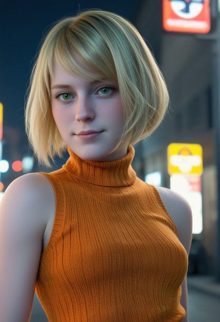 score_9, score_8_up, score_8_up, 1girl, solo, ((portrait)), skinny, (4shl3y_Gr4h4m_SKNSFW:0.9), [[[[freckles]]]], [[[[multiple moles]]]], short hair, blonde hair, green eyes, swept bangs, curtained hair, bob cut, flat chest, small breasts, [[[puffy nipples]]], sleeveless turtleneck, orange sweater, flirting, teasing,
BREAK,
[[[town, outdoors, street, night]]],