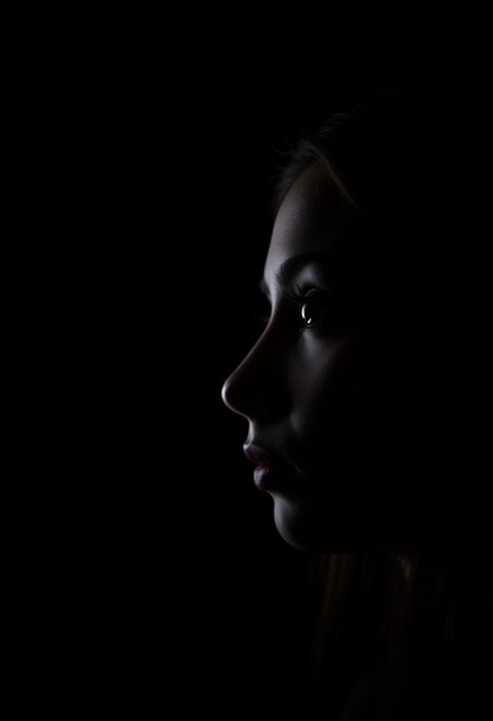 A realistic side profile of a girl against a black background, captured in low lighting, highlighting her face in a simple, moody portrait.