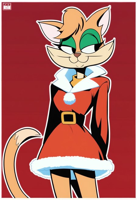 score_9, score_8_up, score_7_up, score_6_up, score_5_up, score_4_up, source_furry, Tabitha_Fantomcat, detailed eyes, detailed face, (retro artstyle, 1990s \(style\), flat color, toon \(style\),1girl, solo,cat tail, furry female, furry,short hair,black eyes, outline, smile,cat girl, red dress, fur trim, animal ears, long sleeves, border, dress, white outline, white border, red background, cowboy shot, outside border, belt, fur-trimmed sleeves, closed mouth, fur-trimmed dress, standing, simple background, looking to the side, short dress, looking at viewer, santa costume, body fur, sidelocks
<lora:tabitha-v1:1>