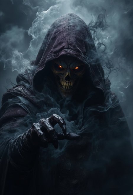 horror show, monster, nightmare, fear, Cinematic style
"A dark, hooded figure stands in the midst of thick fog. The creature's eyes glow with hellish fire, as if the darkness itself is pouring through them. Its face is covered in shadow, but from beneath the dark purple hood, a vicious yellow skull can be seen, twisted with malice. A clawed hand reaches forward, as if calling or cursing. Magical energy swirls around it, like smoke, poisoning the air with an ominous aura. This creature is an embodiment of horror, a creature of deep nightmares, guarding the secrets of an ancient curse."