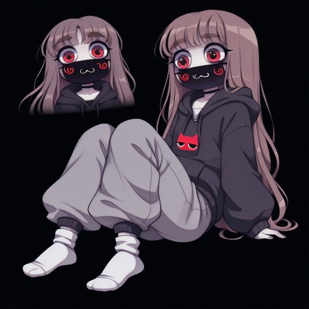 Paula,1girl,Brown hair,mask with :3 symbol,choker,bangs, hoodie,baggy gray pants,white socks,Long hair
Paula with red eyes in the middle of the darkness