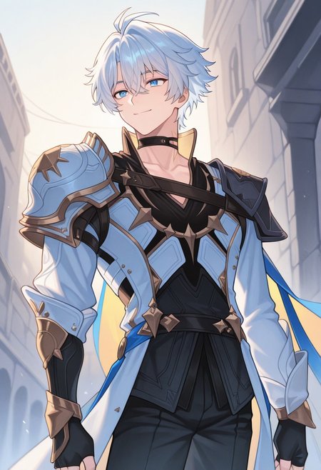 masterpiece,best quality,amazing quality, source_anime, 
Phainonhsr, 1boy, male focus, solo, blue eyes, white hair, black choker, neck tatto, shoulder armor, shirt, black shirt, coat, white coat, cape, fingerless gloves, pants, black pants, smile, closed mouth, outdoor,